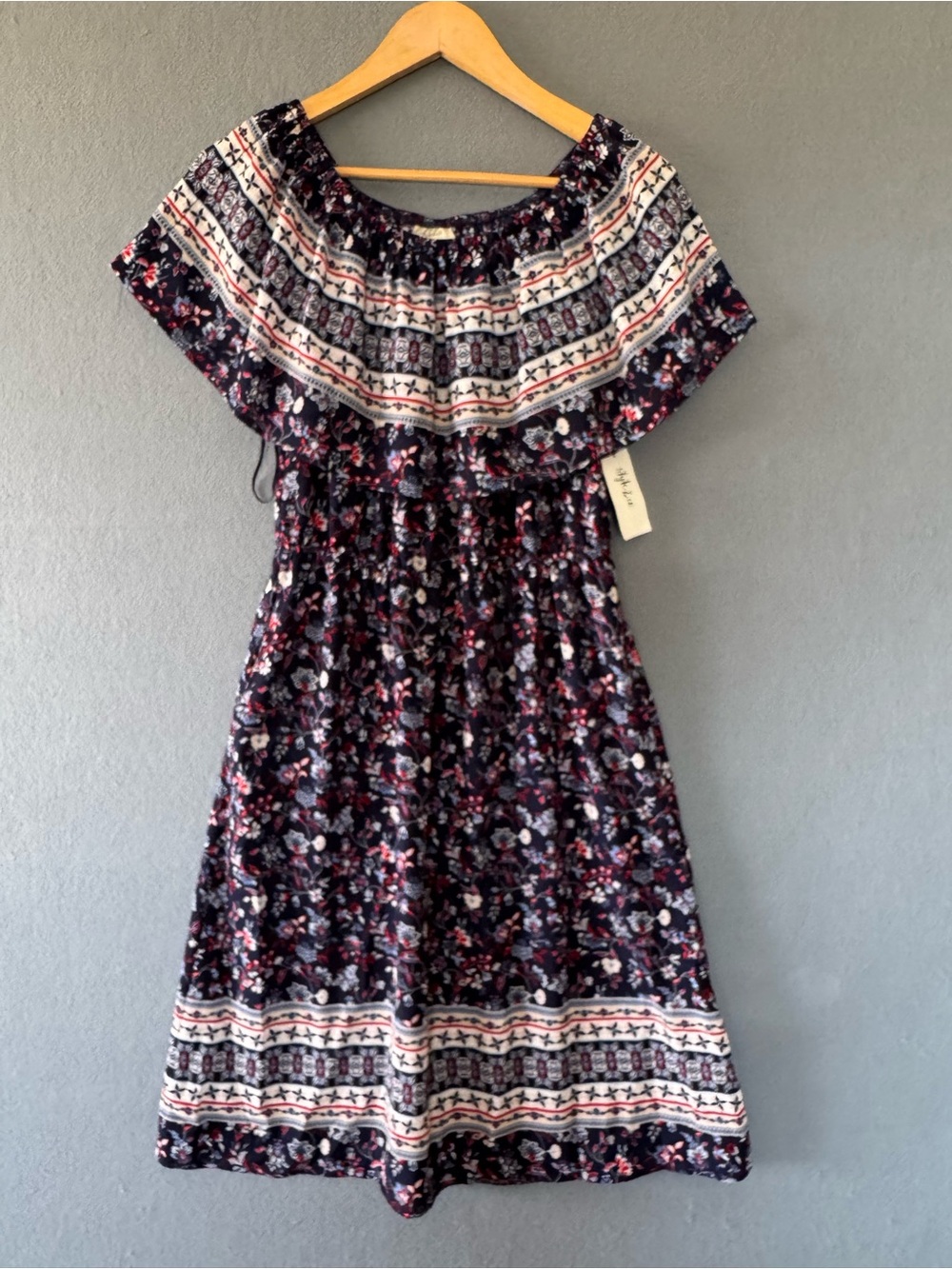 STYLE & CO Navy Floral Off Shoulder Dress Small NWT Boho Pockets - Picture 5 of 10